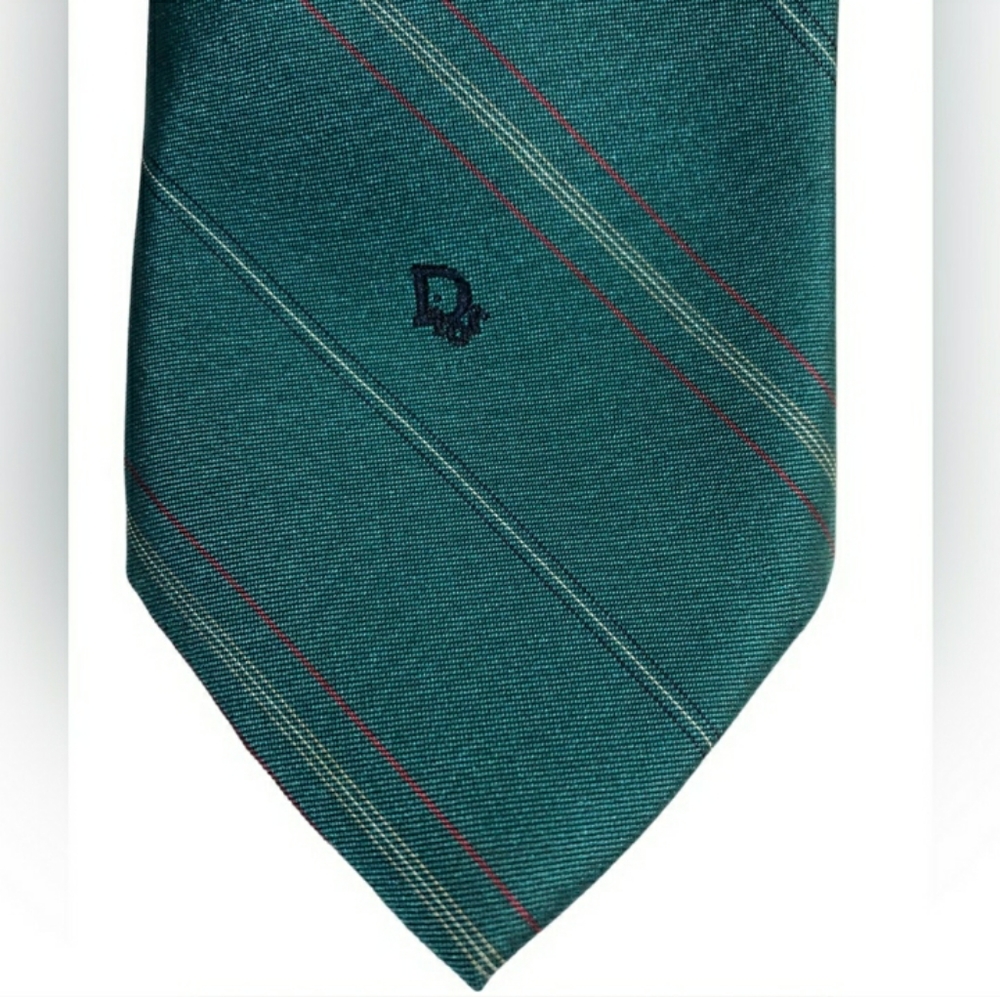 CHRISTIAN DIOR Teal Striped Silk Blend Tie- VINTAGE - Picture 4 of 8